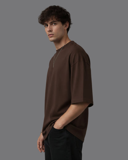 Men's Solid Brown Cotton  Half Sleeve Crew Neck Oversized T-Shirt