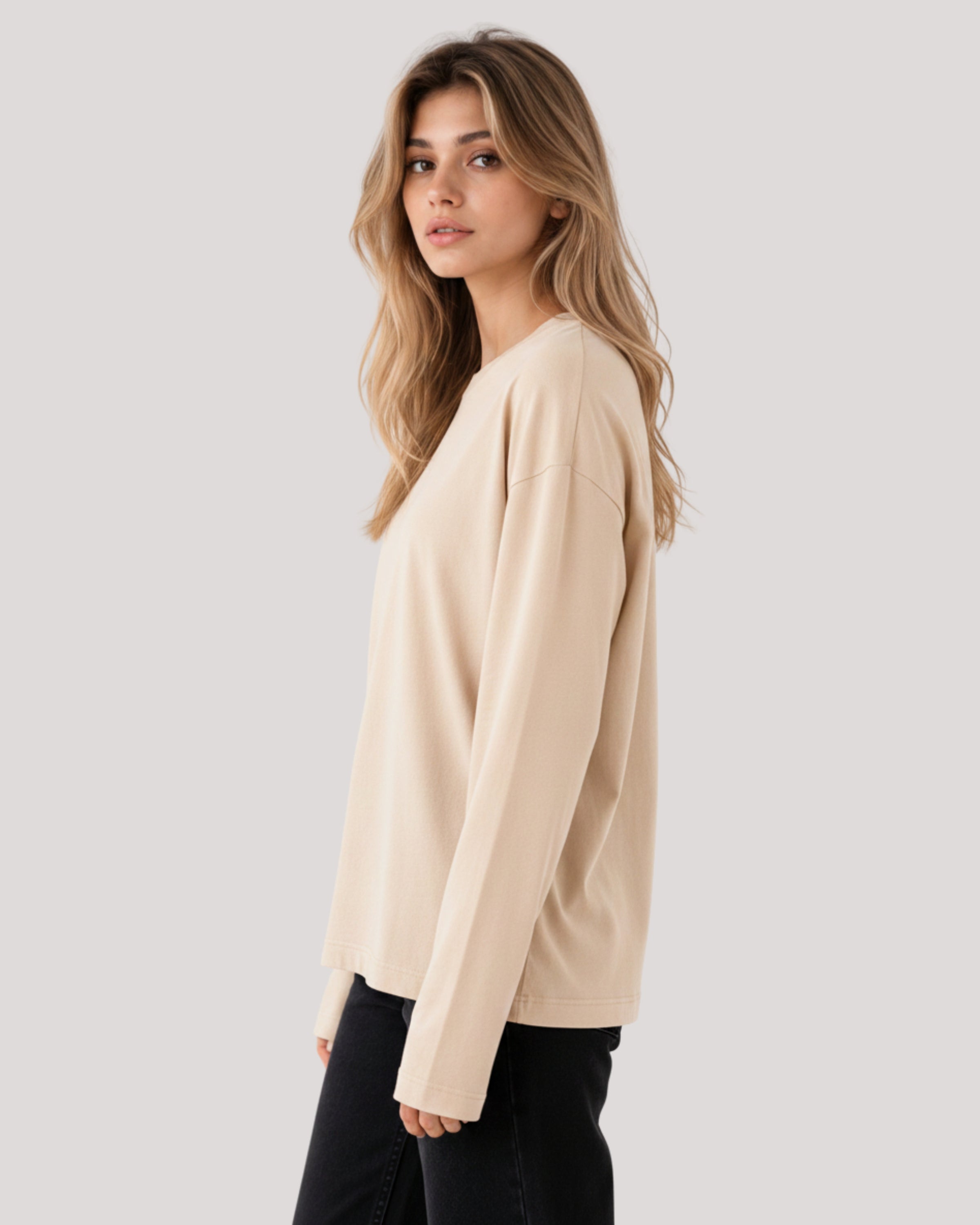 Women's Solid Beige Oversized Long Sleeve Crew Neck Regular T-Shirt