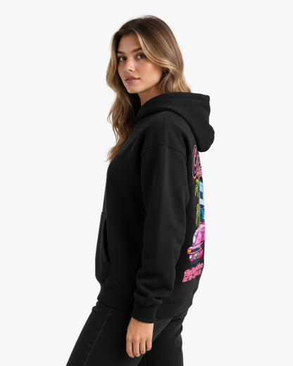 Sman's Solid Black Cotton Crew Neck Oversized Printed Hoodie For Women