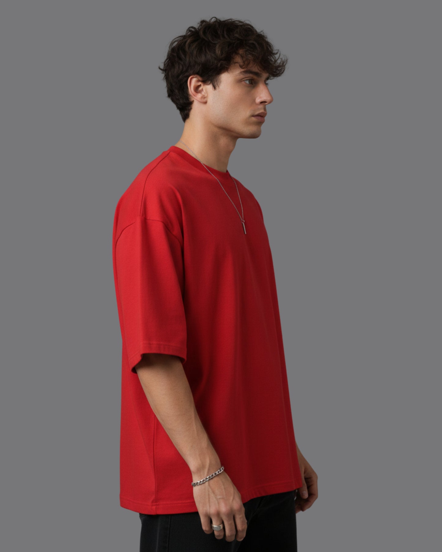 Men's Solid Red Cotton  Half Sleeve Crew Neck Oversized T-Shirt