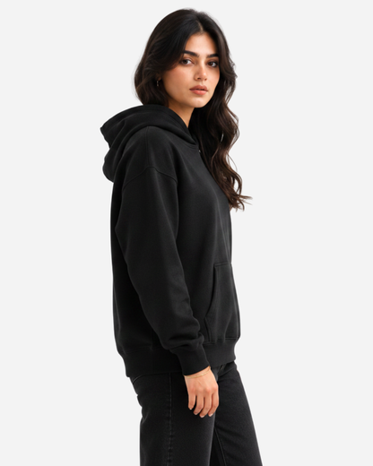 Women's Solid Black Cotton Full Sleeve Oversized Hoodie
