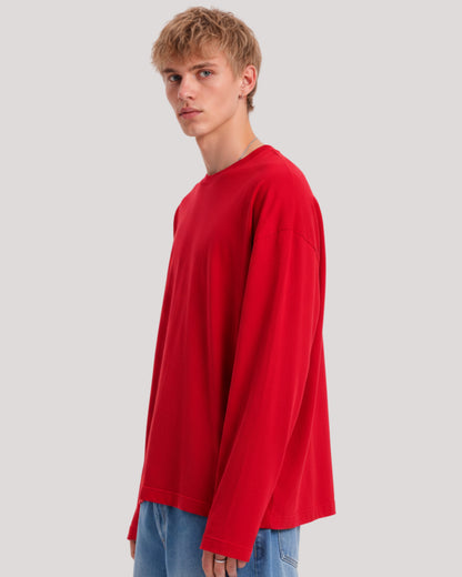 Men's Solid Red Oversized Long Sleeve Crew Neck Regular T-Shirt