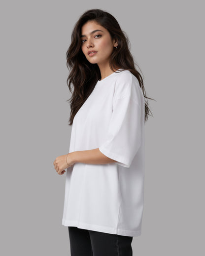 Women Solid White Cotton  Half Sleeve Crew Neck Oversized T-Shirt