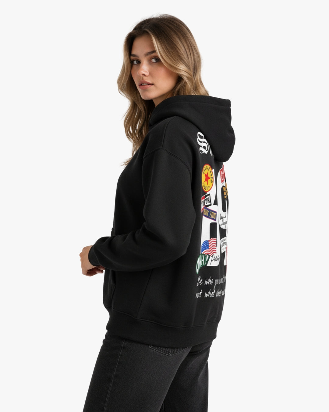 Sman's Solid Black Cotton Crew Neck Oversized Printed Hoodie For Women