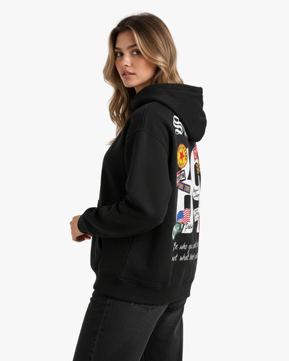 Sman's Solid Black Cotton Crew Neck Oversized Printed Hoodie For Women