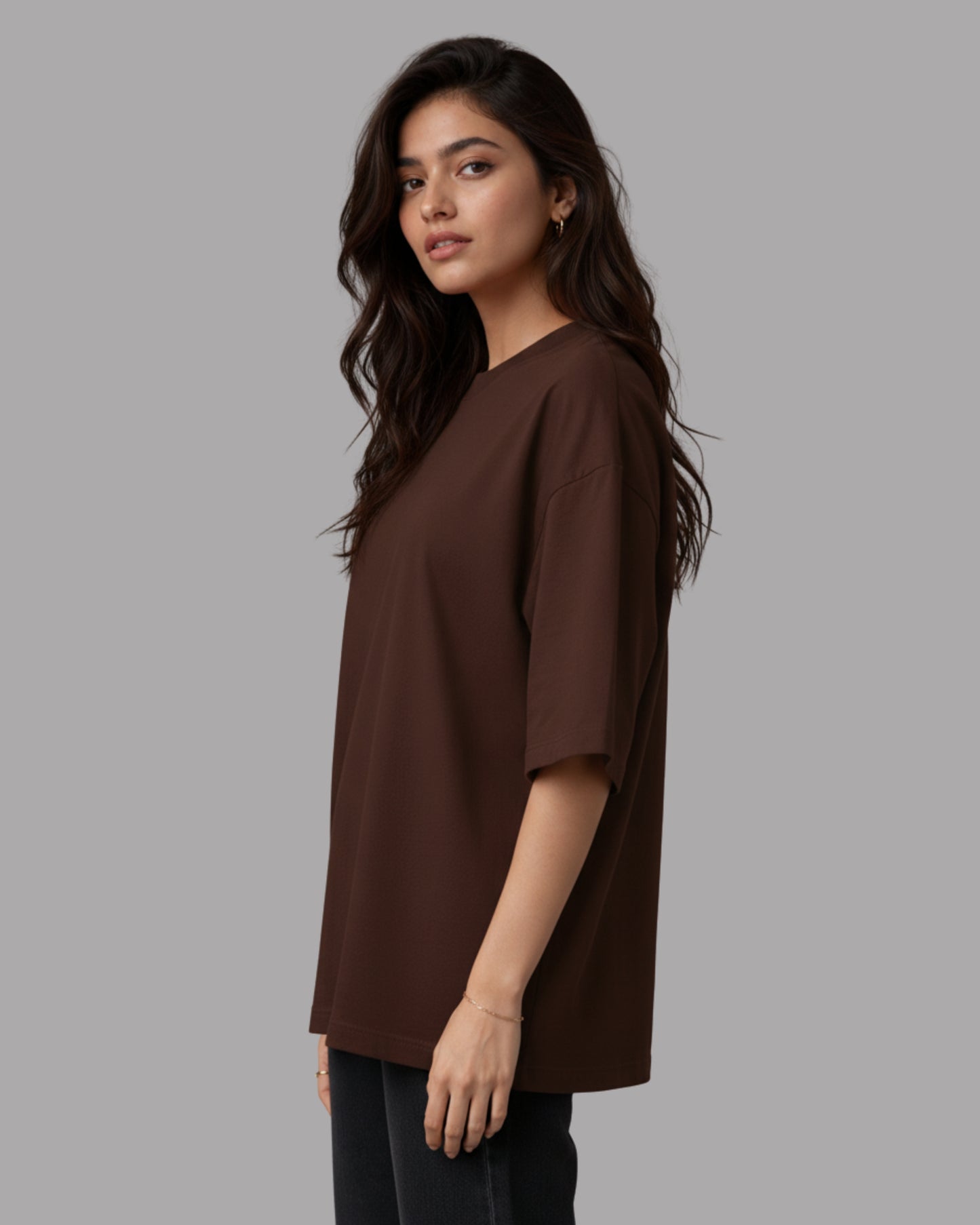 Women Solid Brown Cotton  Half Sleeve Crew Neck Oversized T-Shirt