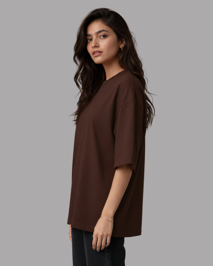Women Solid Brown Cotton  Half Sleeve Crew Neck Oversized T-Shirt