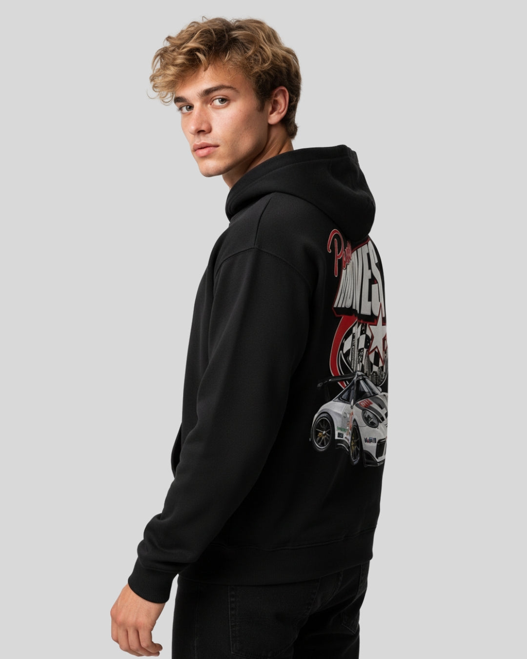 Sman's Solid Black Cotton Crew Neck Oversized Printed Hoodie For Men