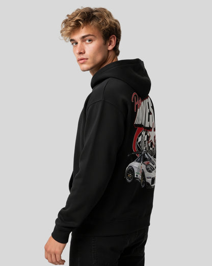 Sman's Solid Black Cotton Crew Neck Oversized Printed Hoodie For Men