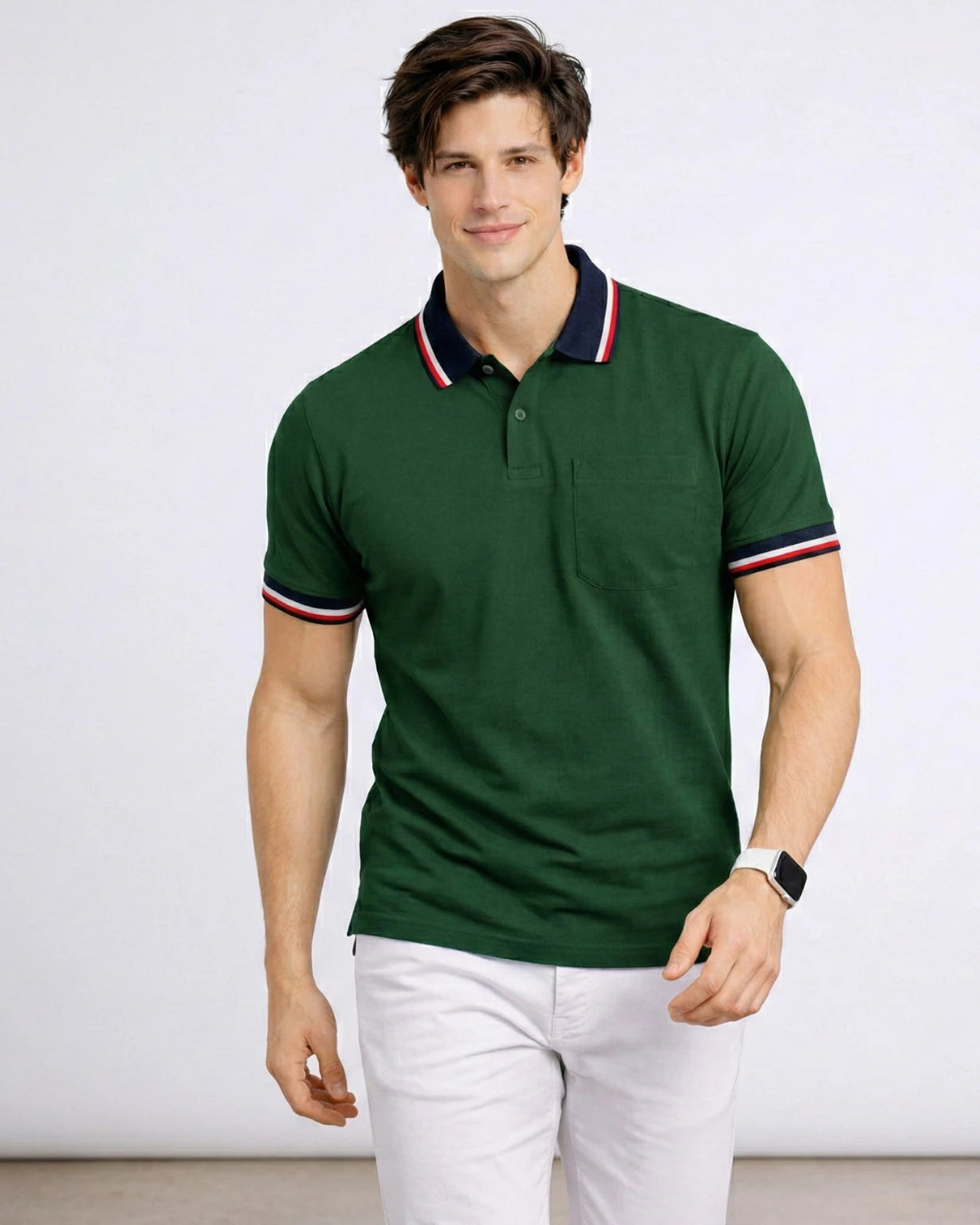 SMAN Men Solid Polo Neck Cotton Blend Green, Navy Blue T-Shirt