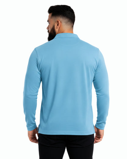 Men's Solid Sky Blue Matty Full Sleeve Polo Regular T-Shirt
