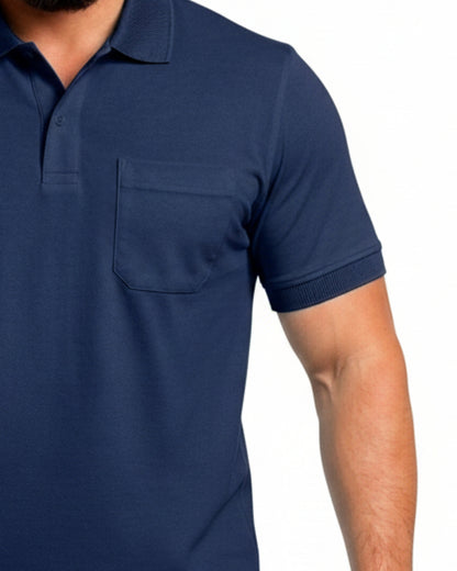 Men Plus size Polo Collar Pockets Navy Blue T-shirt