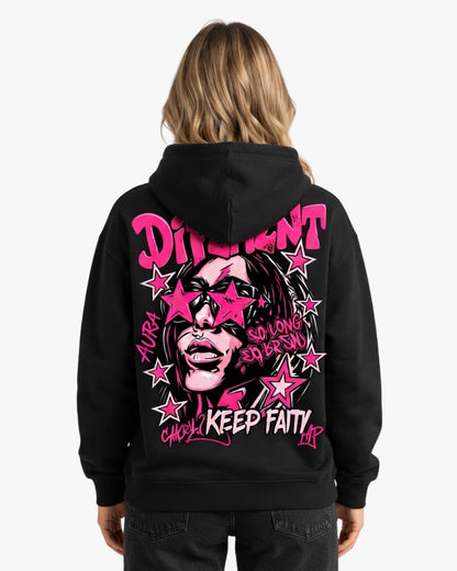 Sman's Solid Black Cotton Crew Neck Oversized Printed Hoodie For Women