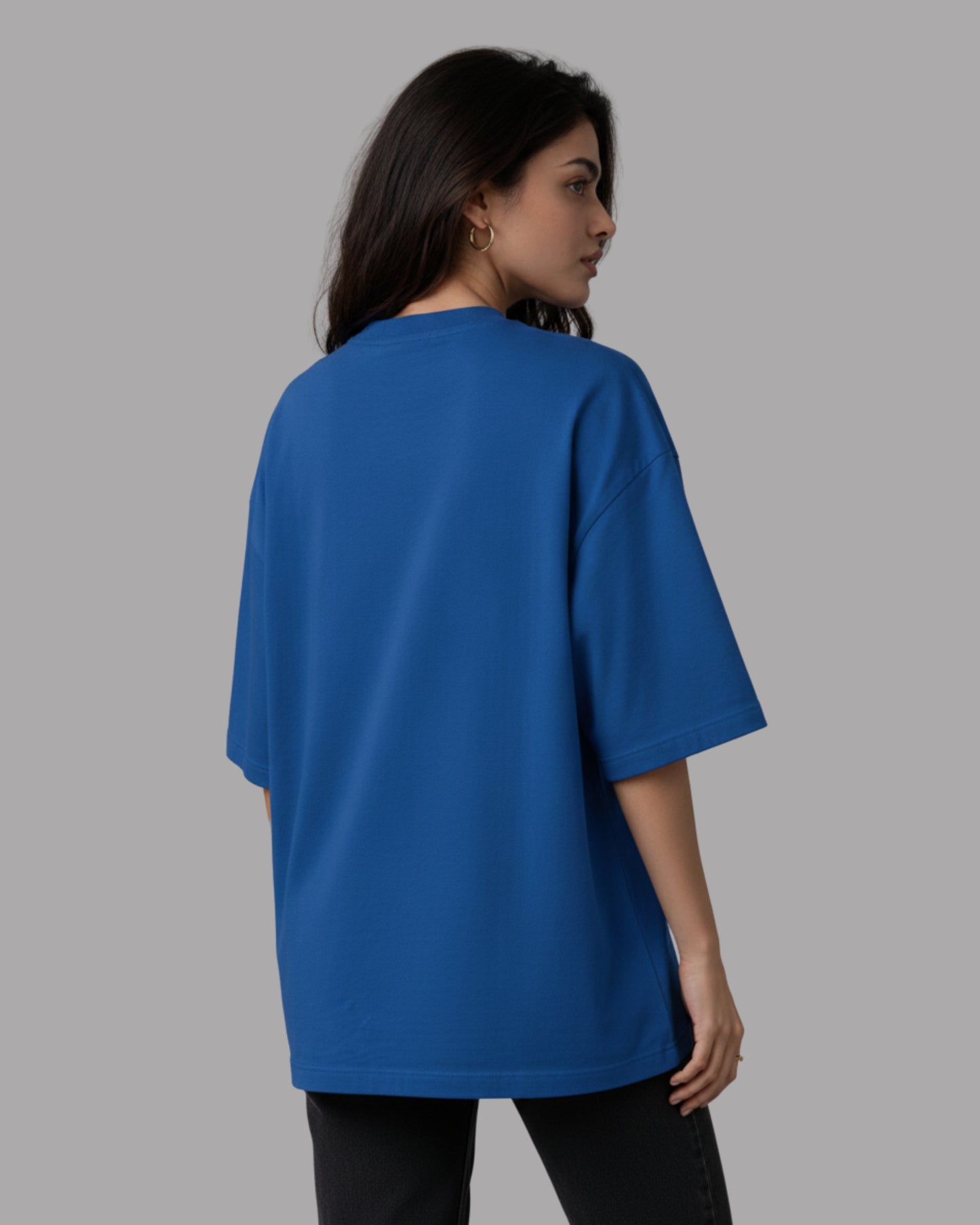 Women Solid Royal Blue Cotton  Half Sleeve Crew Neck Oversized T-Shirt