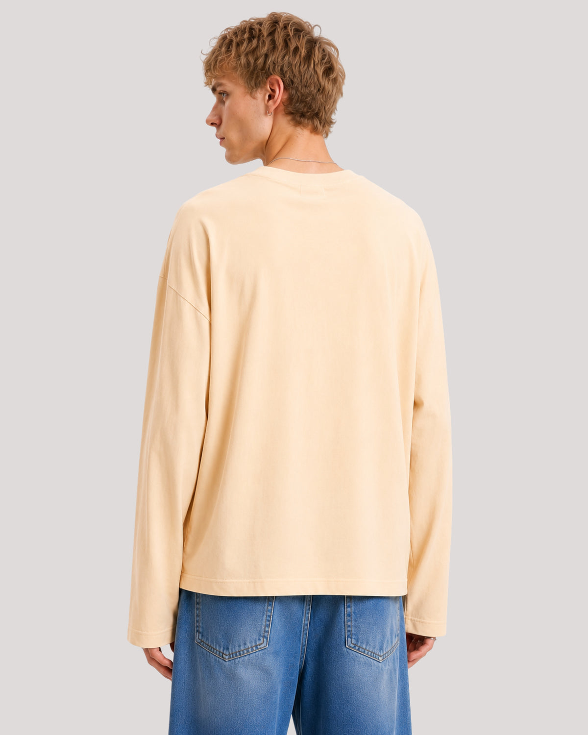 Men's Solid Beige Oversized Long Sleeve Crew Neck Regular T-Shirt