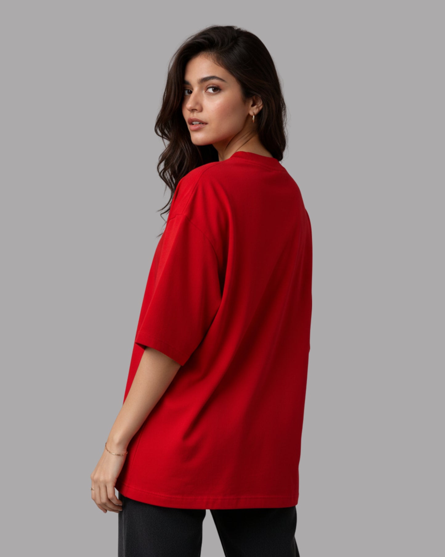 Women Solid Red Cotton  Half Sleeve Crew Neck Oversized T-Shirt