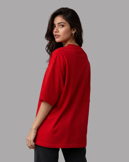 Women Solid Red Cotton  Half Sleeve Crew Neck Oversized T-Shirt
