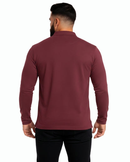 Men's Solid Maroon Matty Full Sleeve Polo Regular T-Shirt