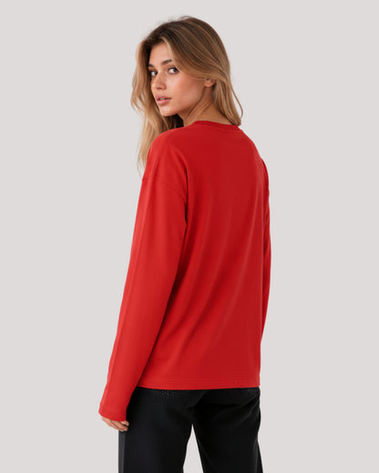 Women's Solid Red Oversized Long Sleeve Crew Neck Regular T-Shirt