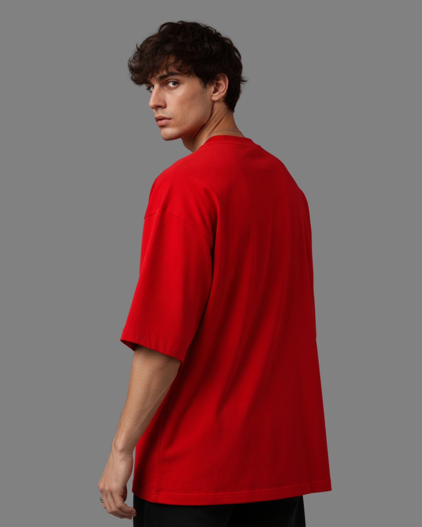Men's Solid Red Cotton  Half Sleeve Crew Neck Oversized T-Shirt
