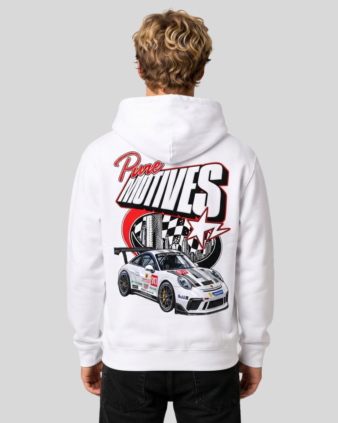 Sman's Solid White Cotton Crew Neck Oversized Printed Hoodie For Men