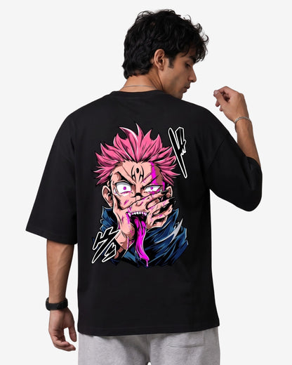 Sman's Solid Black Cotton Crew Neck Oversized Printed T-Shirt For Men