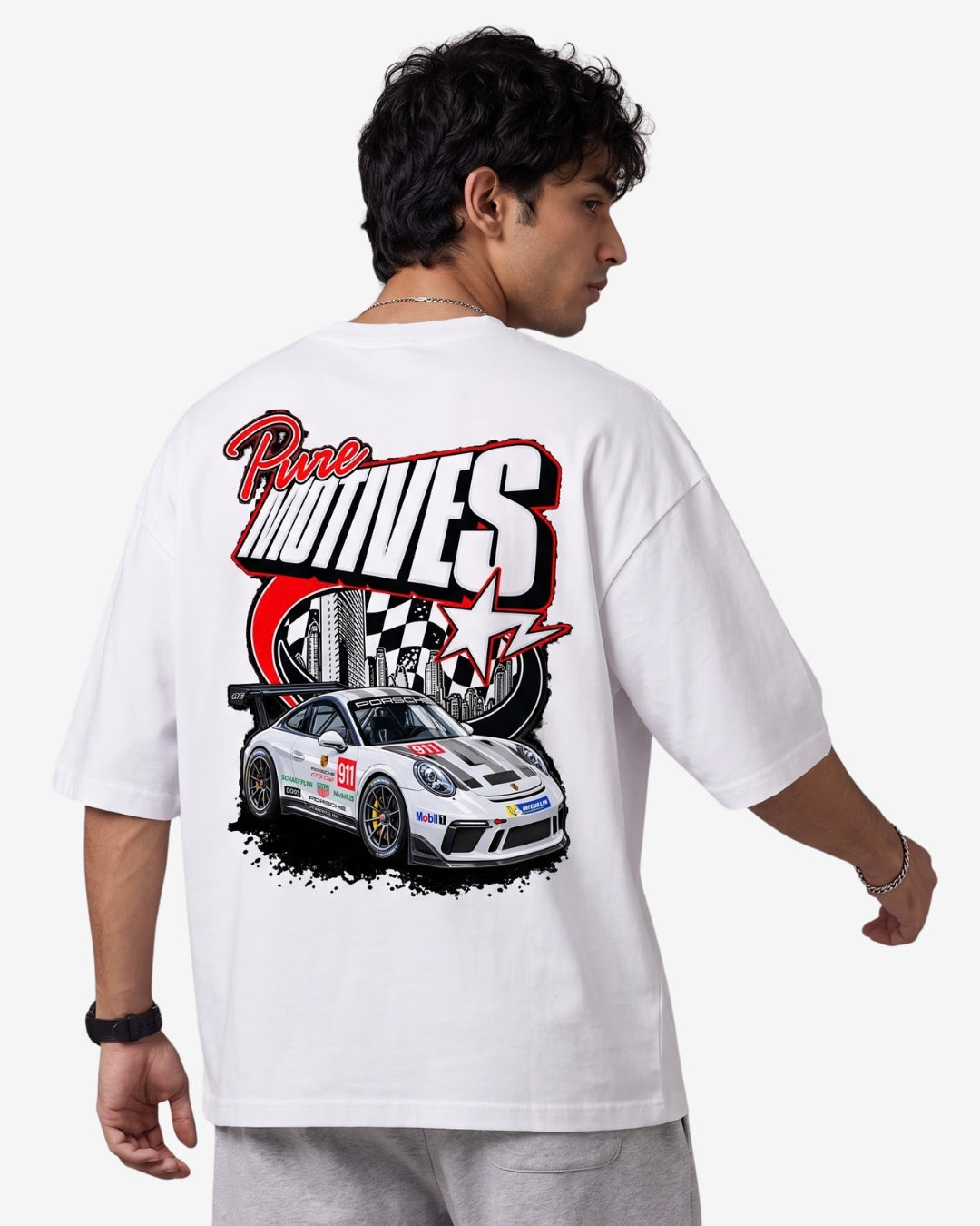 Sman's Solid White Cotton Crew Neck Oversized Printed T-Shirt For Men