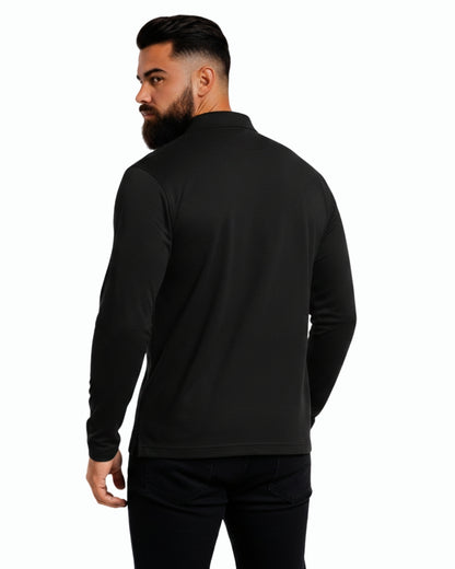 Men's Solid Black Matty Full sleeve Polo Regular T-Shirt