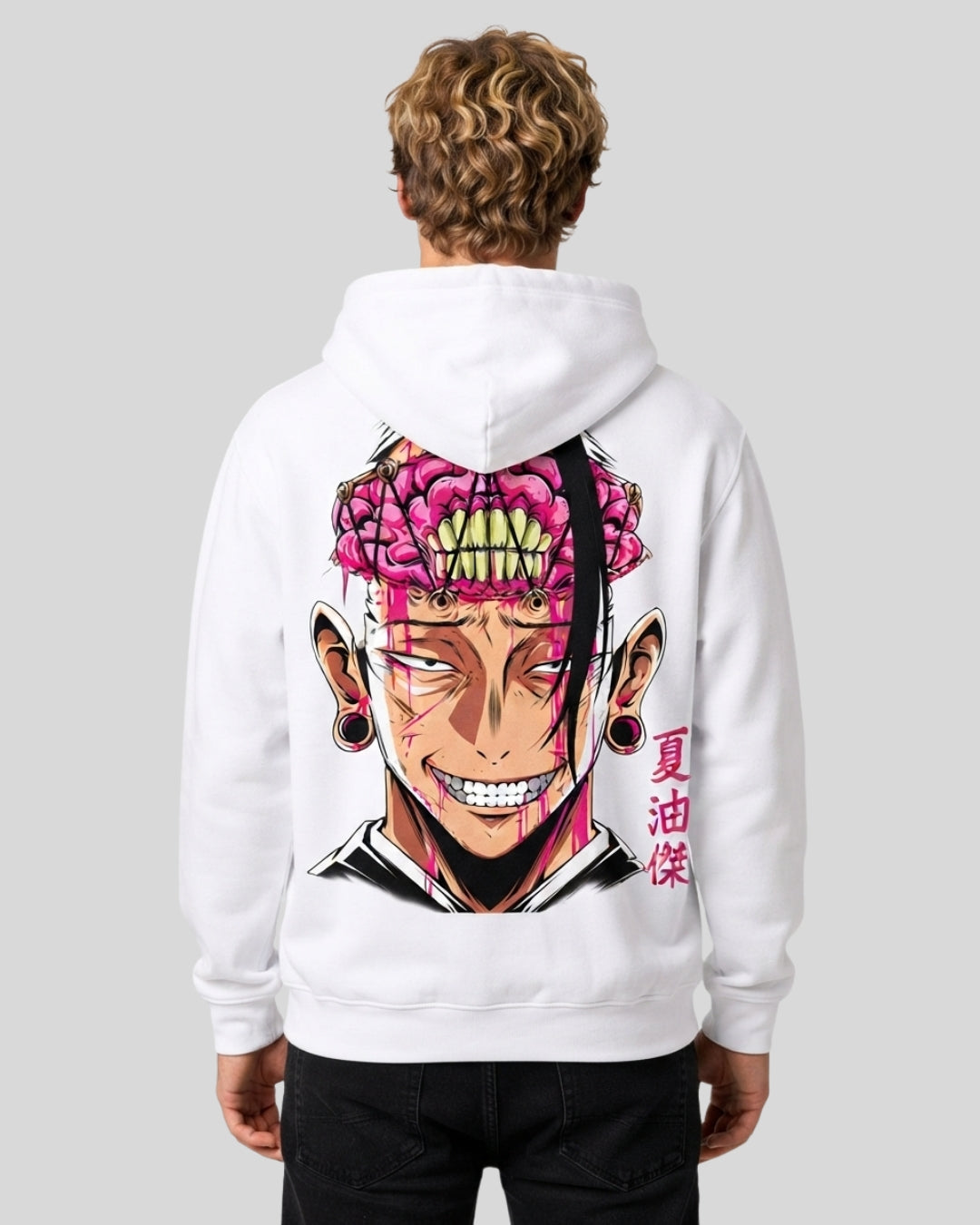 Sman's Solid White Cotton Crew Neck Oversized Printed Hoodie For Men