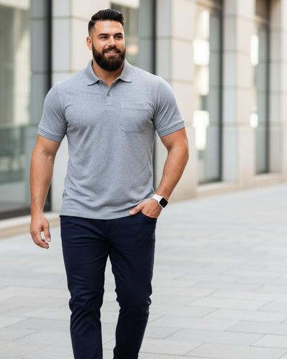 Men Plus size Polo Collar Pockets Gray T-shirt