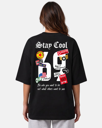 Sman's Solid Black Cotton Crew Neck Oversized Printed T-Shirt For Women
