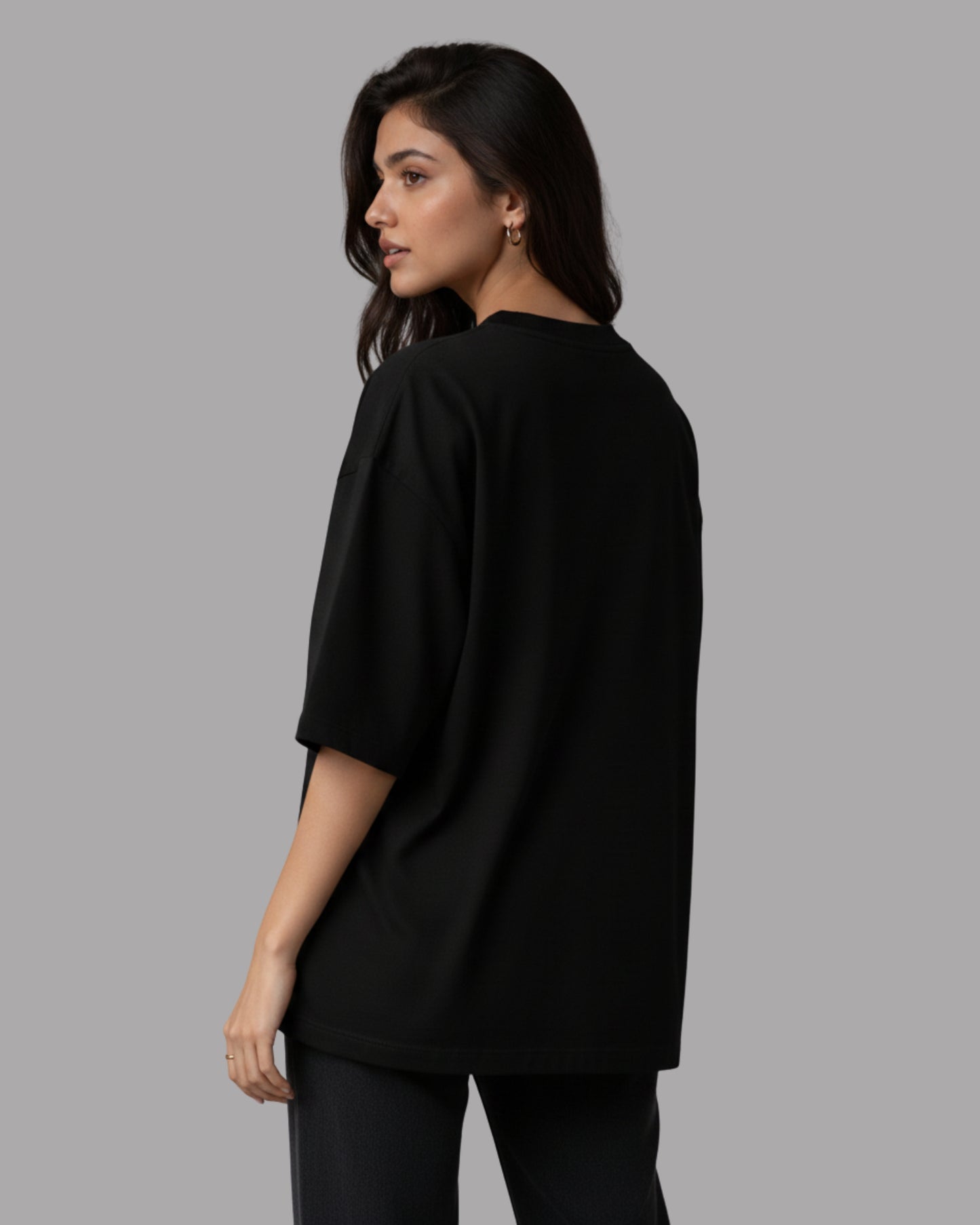 Women Solid Black Cotton  Half Sleeve Crew Neck Oversized T-Shirt