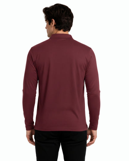 Men's Solid Maroon Matty Full sleeve Polo Regular T-Shirt