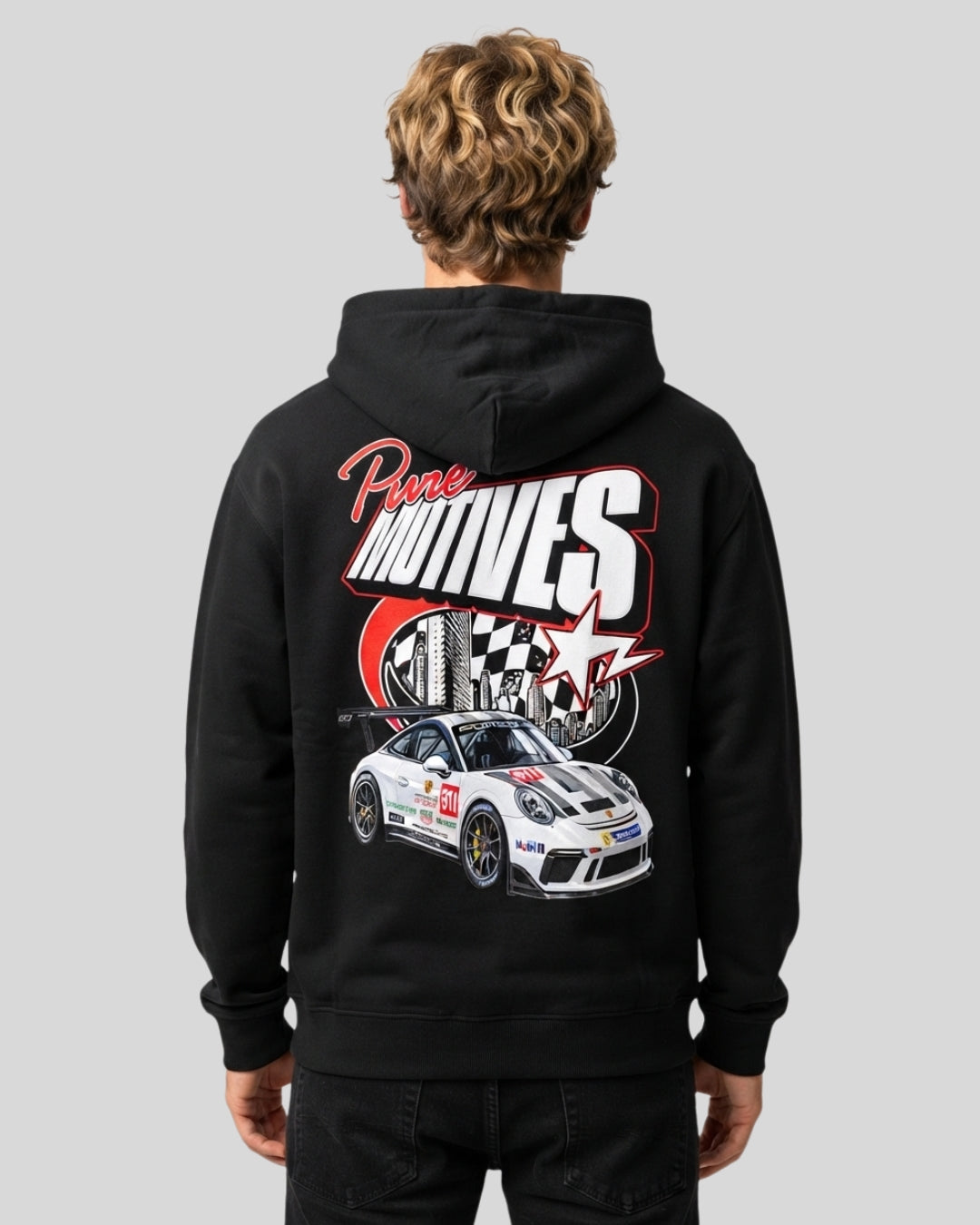 Sman's Solid Black Cotton Crew Neck Oversized Printed Hoodie For Men