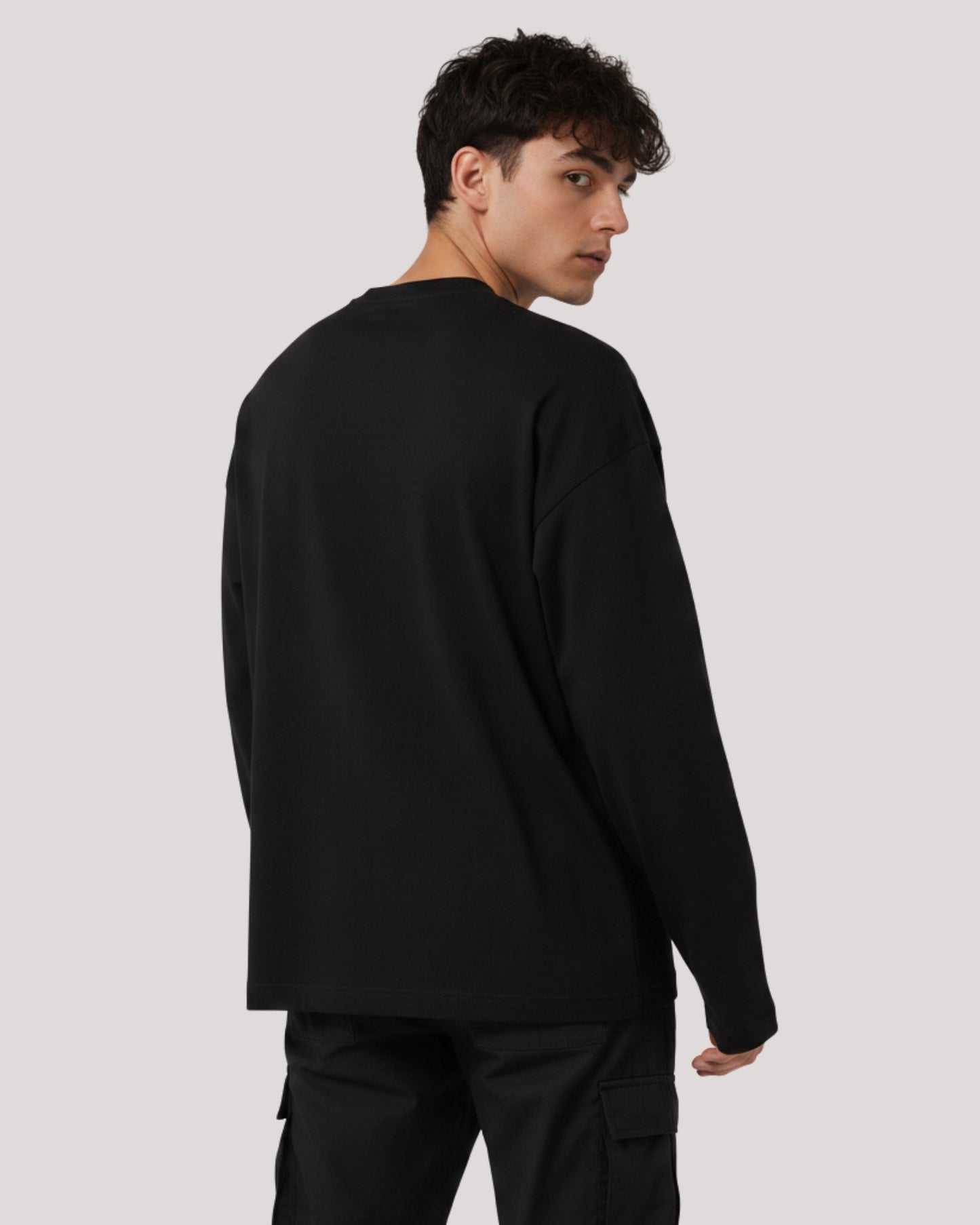 Men's Solid Black Cotton Long Sleeve Crew Neck Oversized T-Shirt