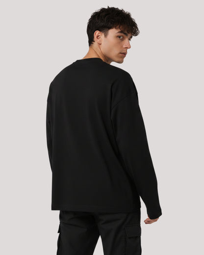 Men's Solid Black Cotton Long Sleeve Crew Neck Oversized T-Shirt