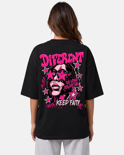 Sman's Solid Black Cotton Crew Neck Oversized Printed T-Shirt For Women