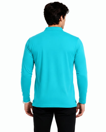 Men's Solid Aqua Matty Full sleeve Polo Regular T-Shirt
