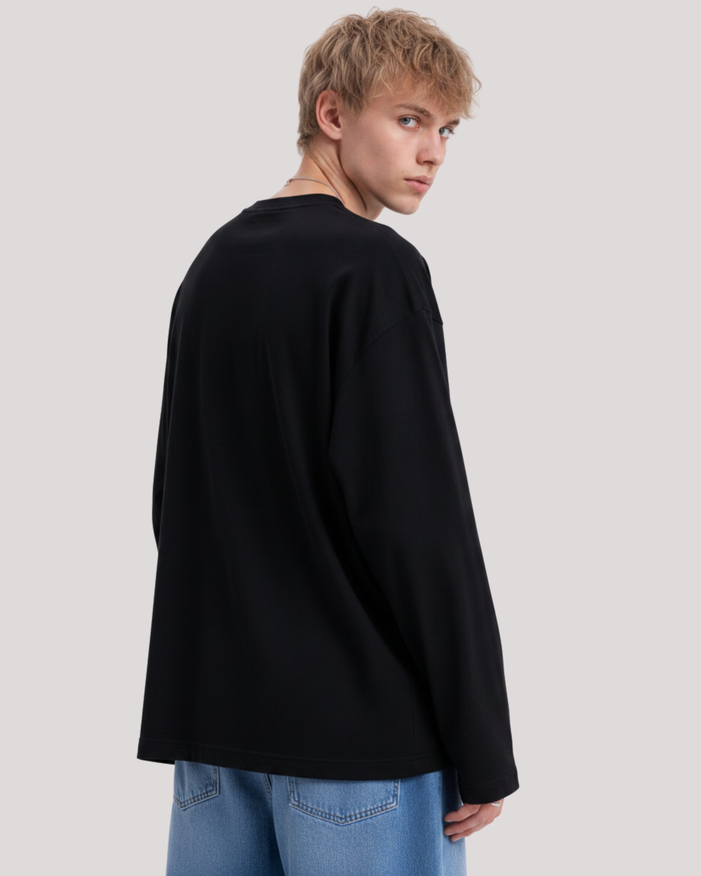 Men's Solid Black Oversized Long Sleeve Crew Neck Regular T-Shirt