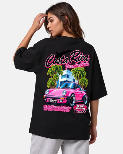 Sman's Solid Black Cotton Crew Neck Oversized Printed T-Shirt For Women