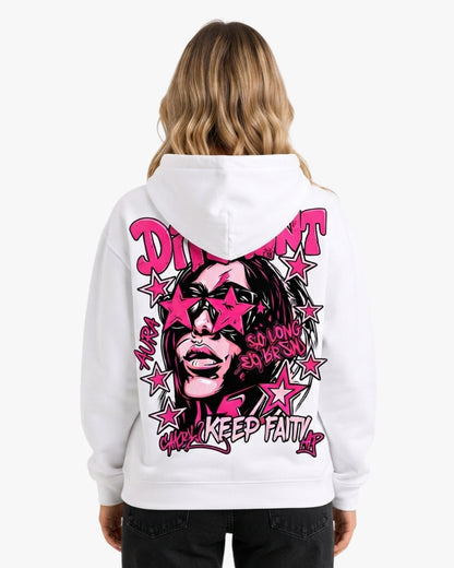 Sman's Solid White Cotton Crew Neck Oversized Printed Hoodie For Women