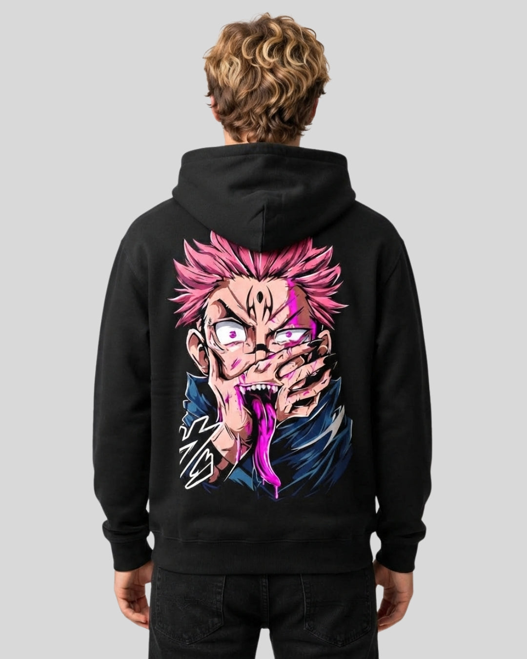 Sman's Solid Black Cotton Crew Neck Oversized Printed Hoodie For Men