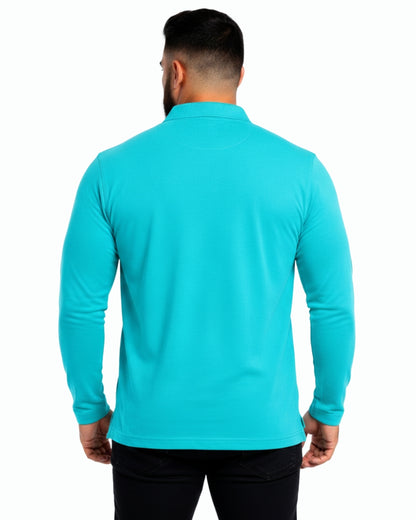 Men's Solid Aqua Matty Full sleeve Polo Regular T-Shirt