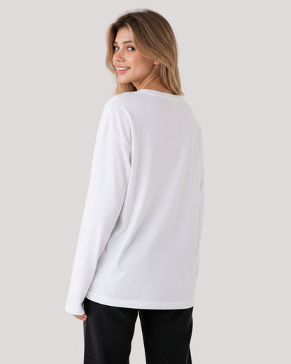 Women's Solid White Oversized Long Sleeve Crew Neck Regular T-Shirt