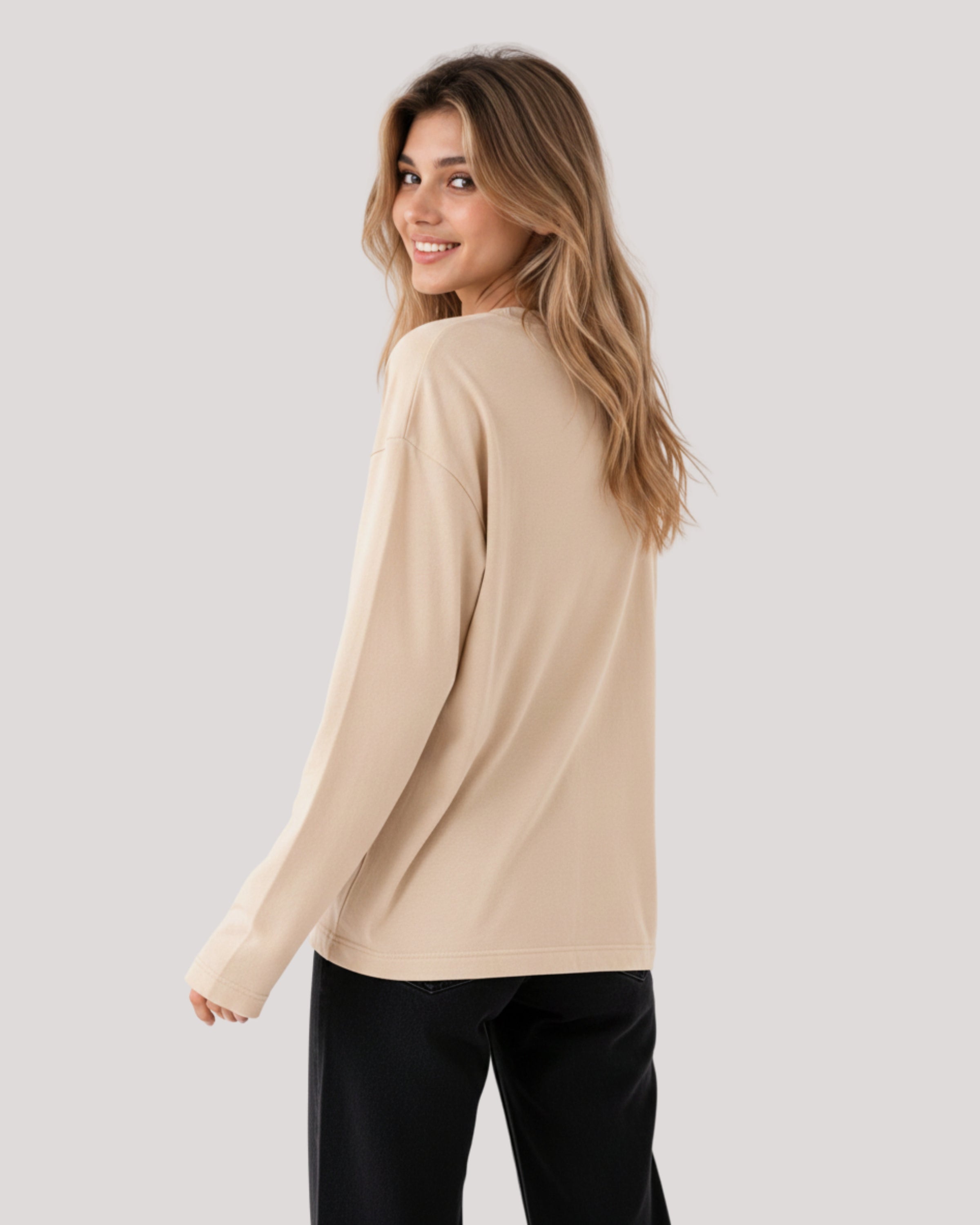 Women's Solid Beige Oversized Long Sleeve Crew Neck Regular T-Shirt
