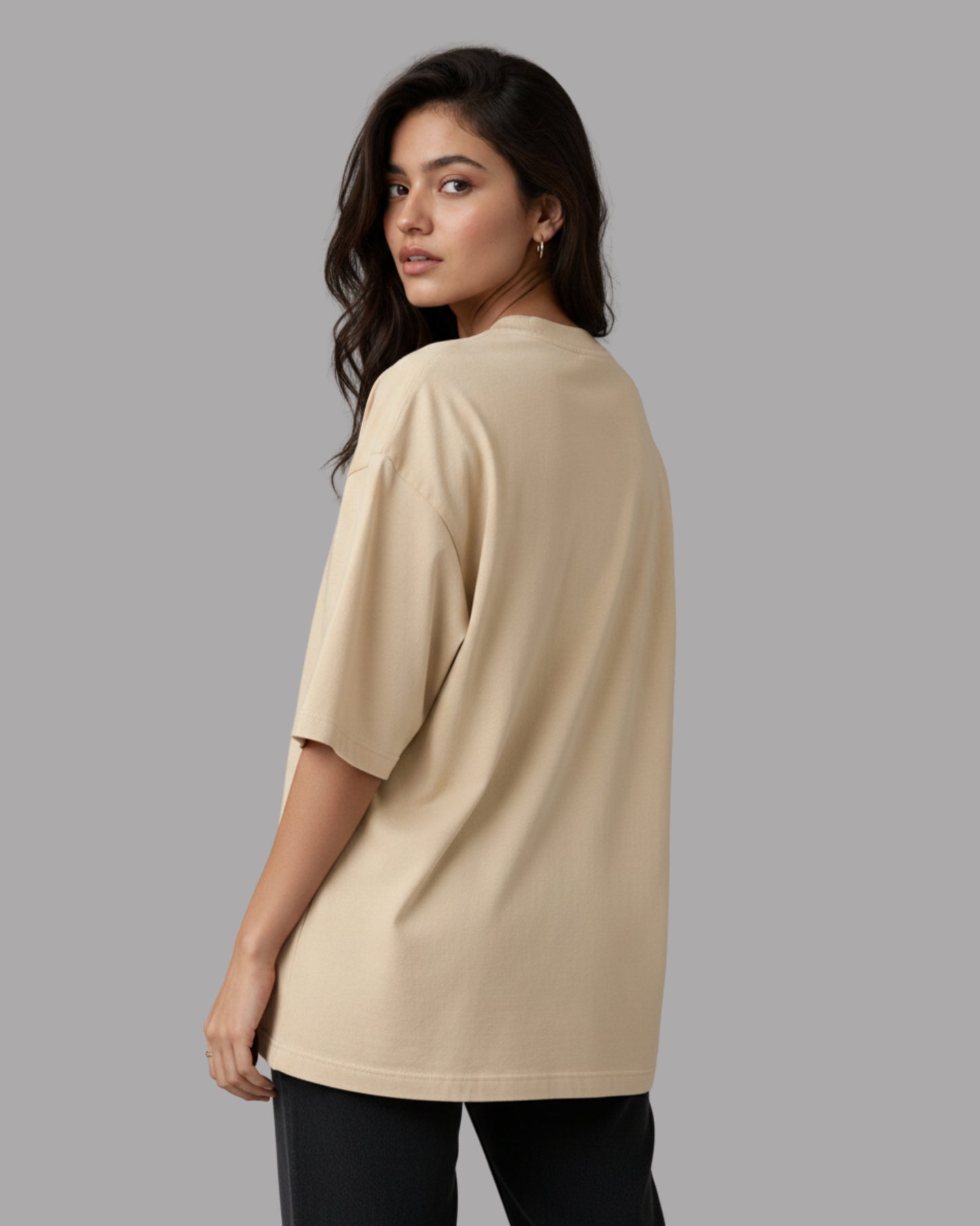 Women Solid Beige Cotton  Half Sleeve Crew Neck Oversized T-Shirt