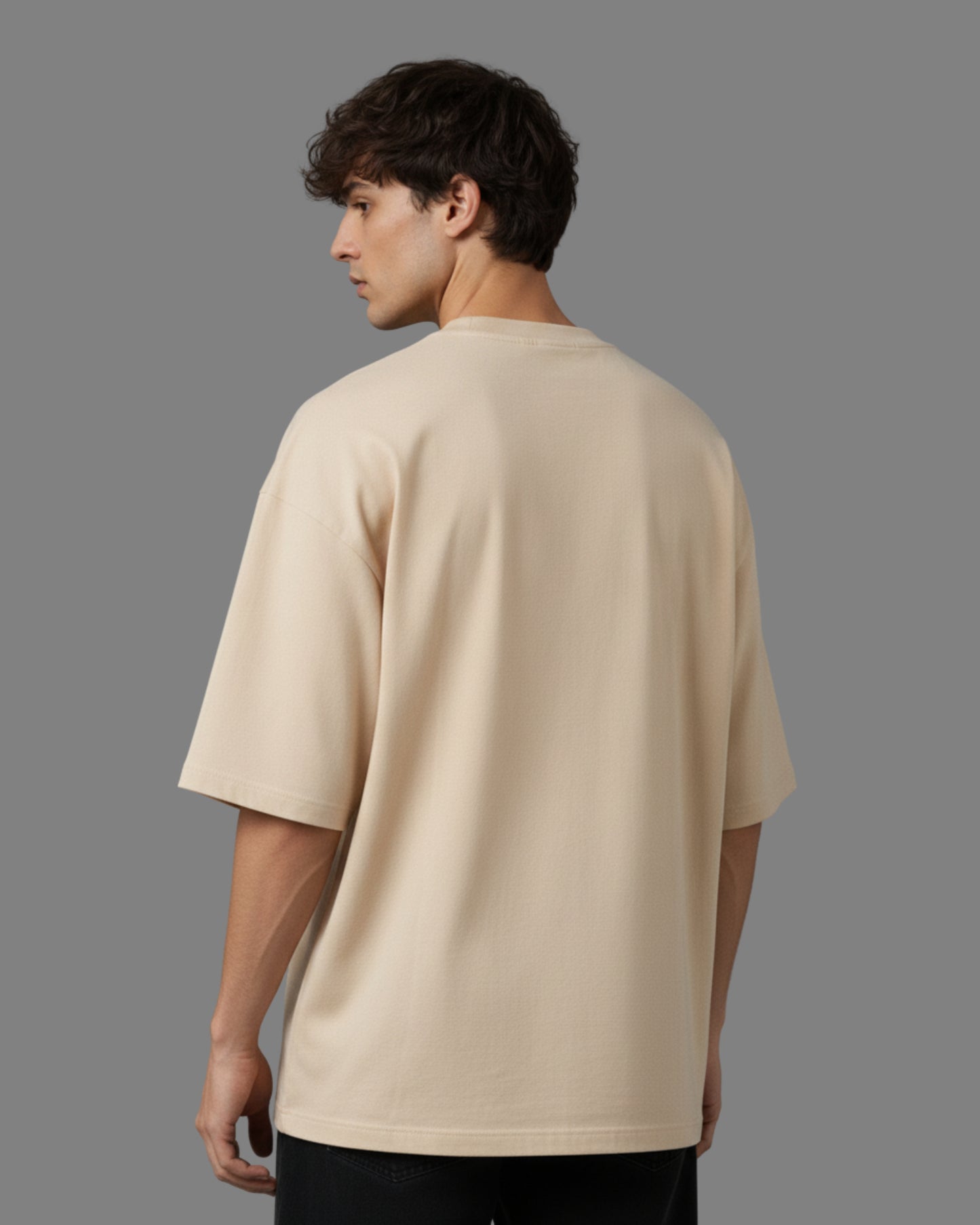 Men's Solid Beige Cotton  Half Sleeve Crew Neck Oversized T-Shirt