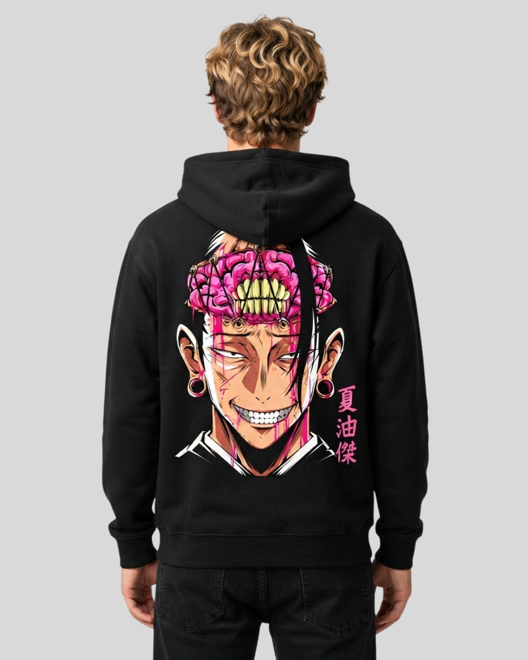 Sman's Solid Black Cotton Crew Neck Oversized Printed Hoodie For Men