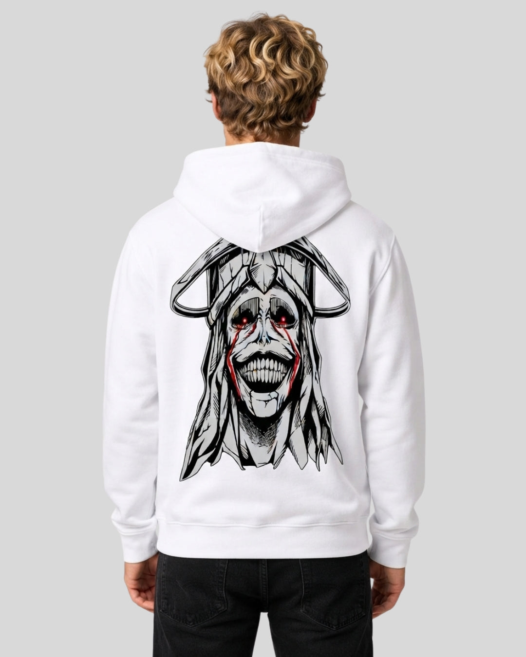 Sman's Solid White Cotton Crew Neck Oversized Printed Hoodie For Men