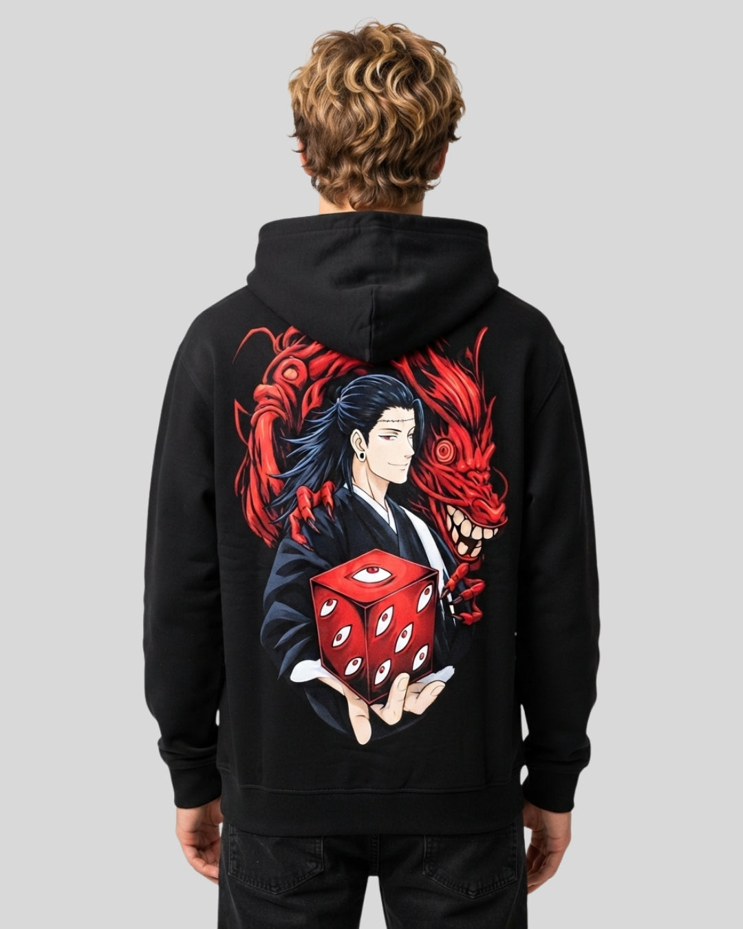 Sman's Solid Black Cotton Crew Neck Oversized Printed Hoodie For Men